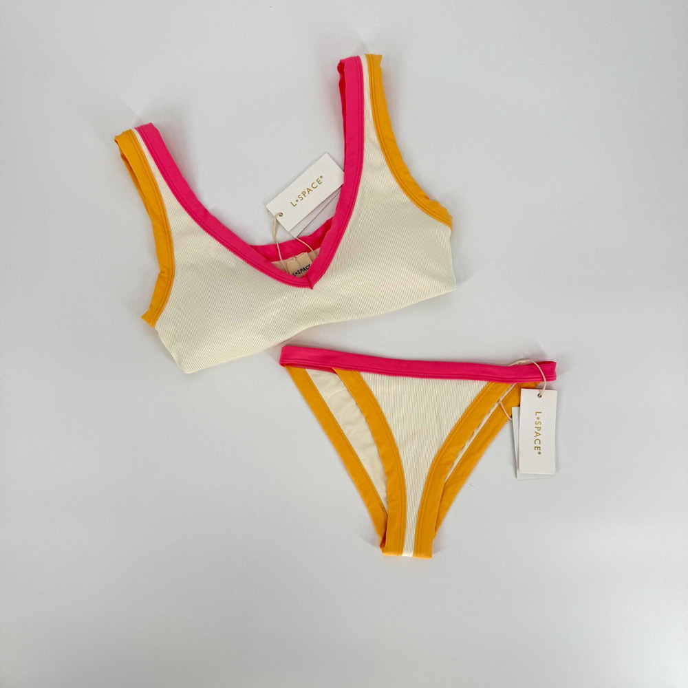 Brand New L*SPACE LALA Ribbed Cream Pink & Orange Vacay Bikini Set Size M